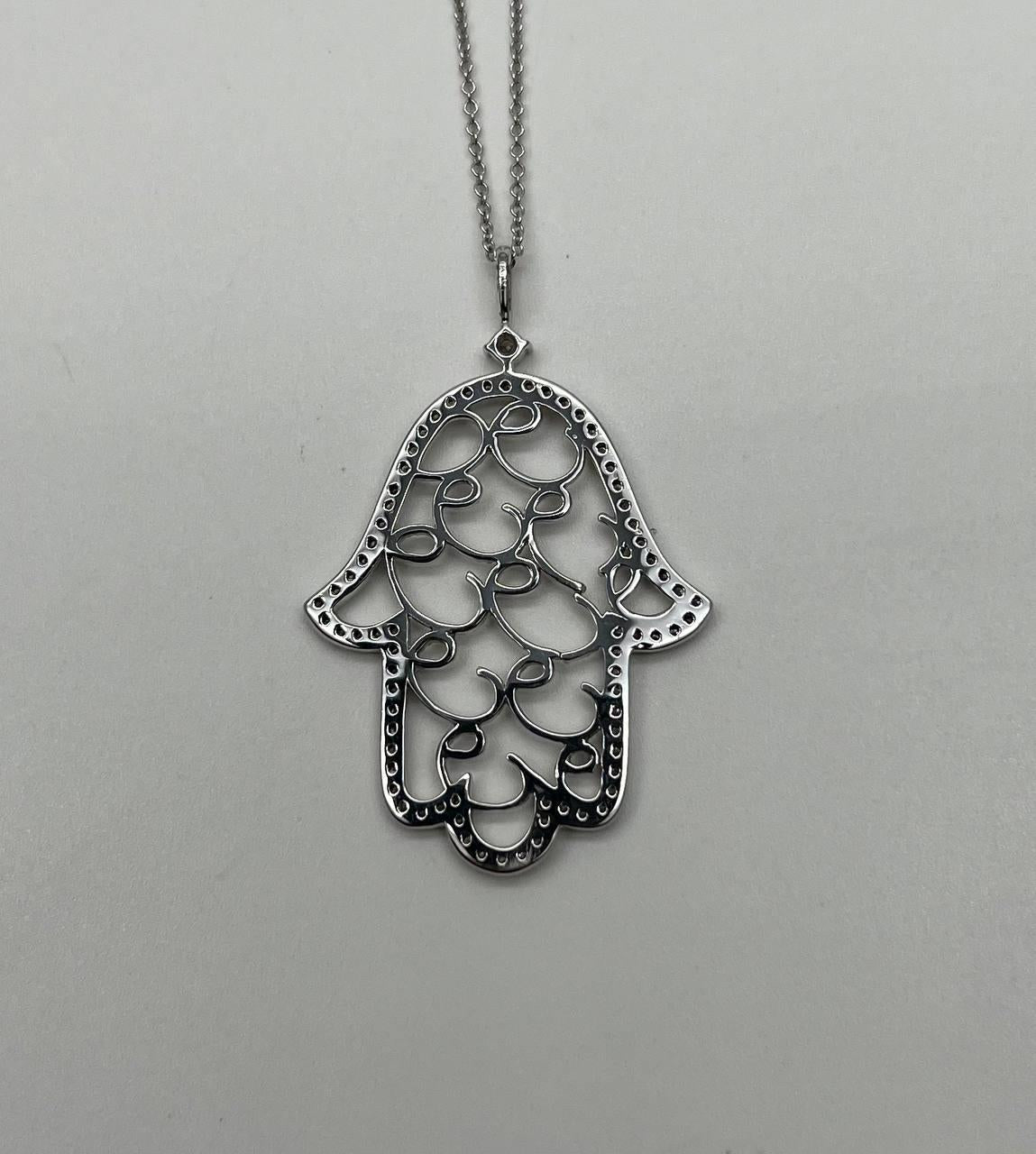 Hamsa Hand of Fatima Diamonds Halo Motif 18K White Gold Pendant Amulet Necklace