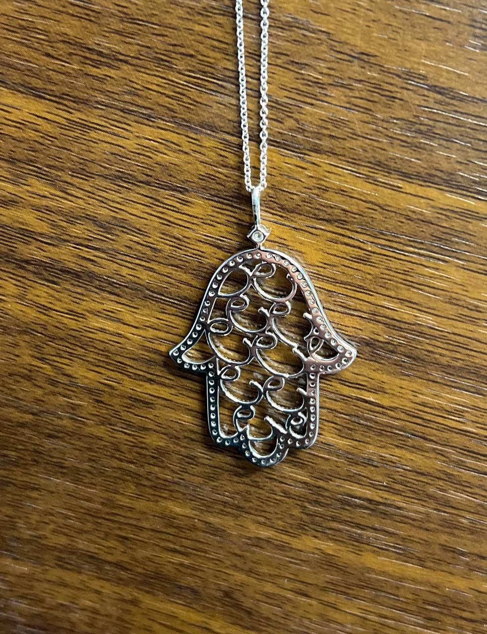 Hamsa Hand of Fatima Diamonds Halo Motif 18K White Gold Pendant Amulet Necklace