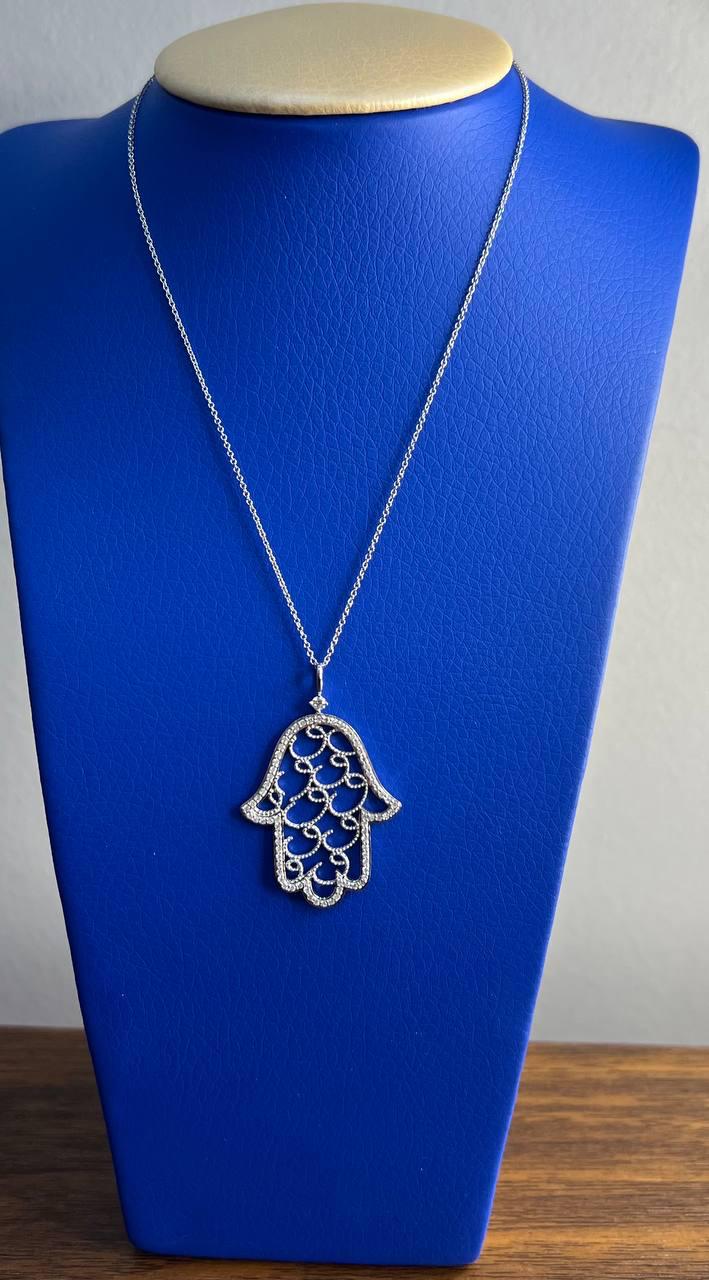 Hamsa Hand of Fatima Diamonds Halo Motif 18K White Gold Pendant Amulet Necklace