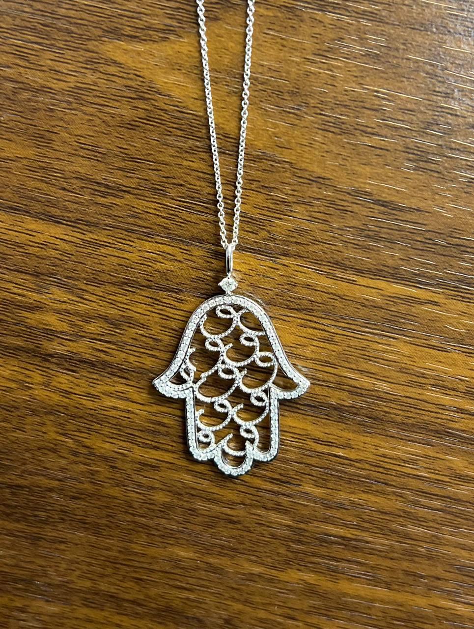 Hamsa Hand of Fatima Diamonds Halo Motif 18K White Gold Pendant Amulet Necklace