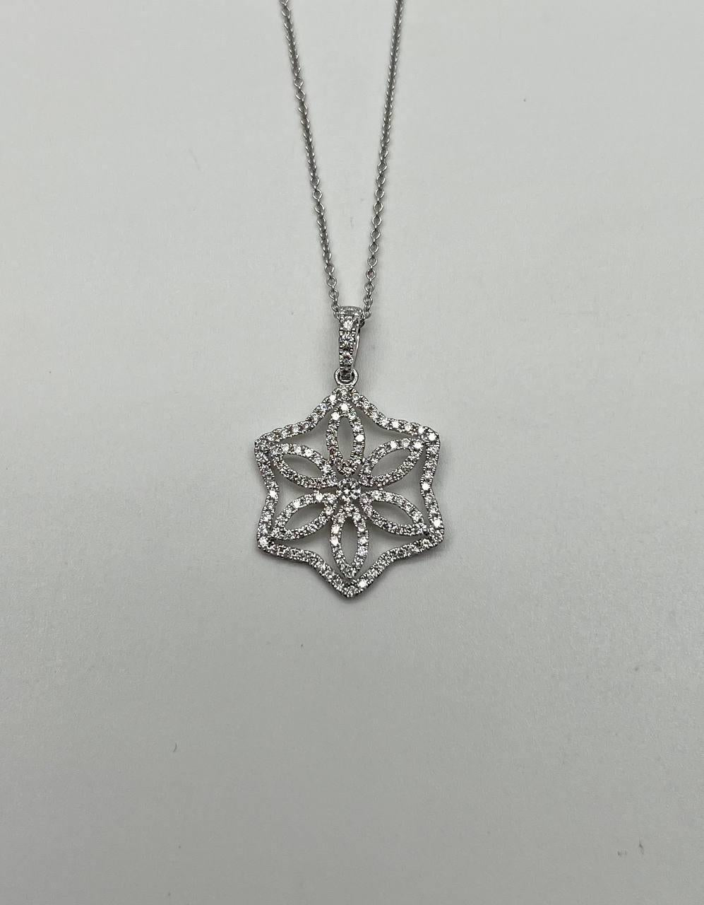 Diamond Halo Set Snowflake Symbol Motif 18K White Gold Pendant Chain Necklace