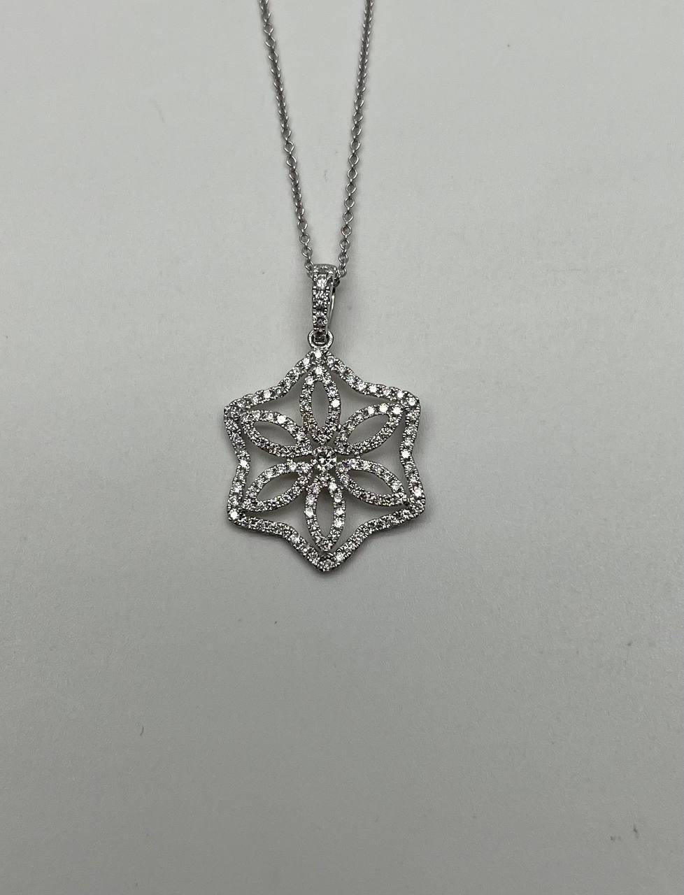 Diamond Halo Set Snowflake Symbol Motif 18K White Gold Pendant Chain Necklace