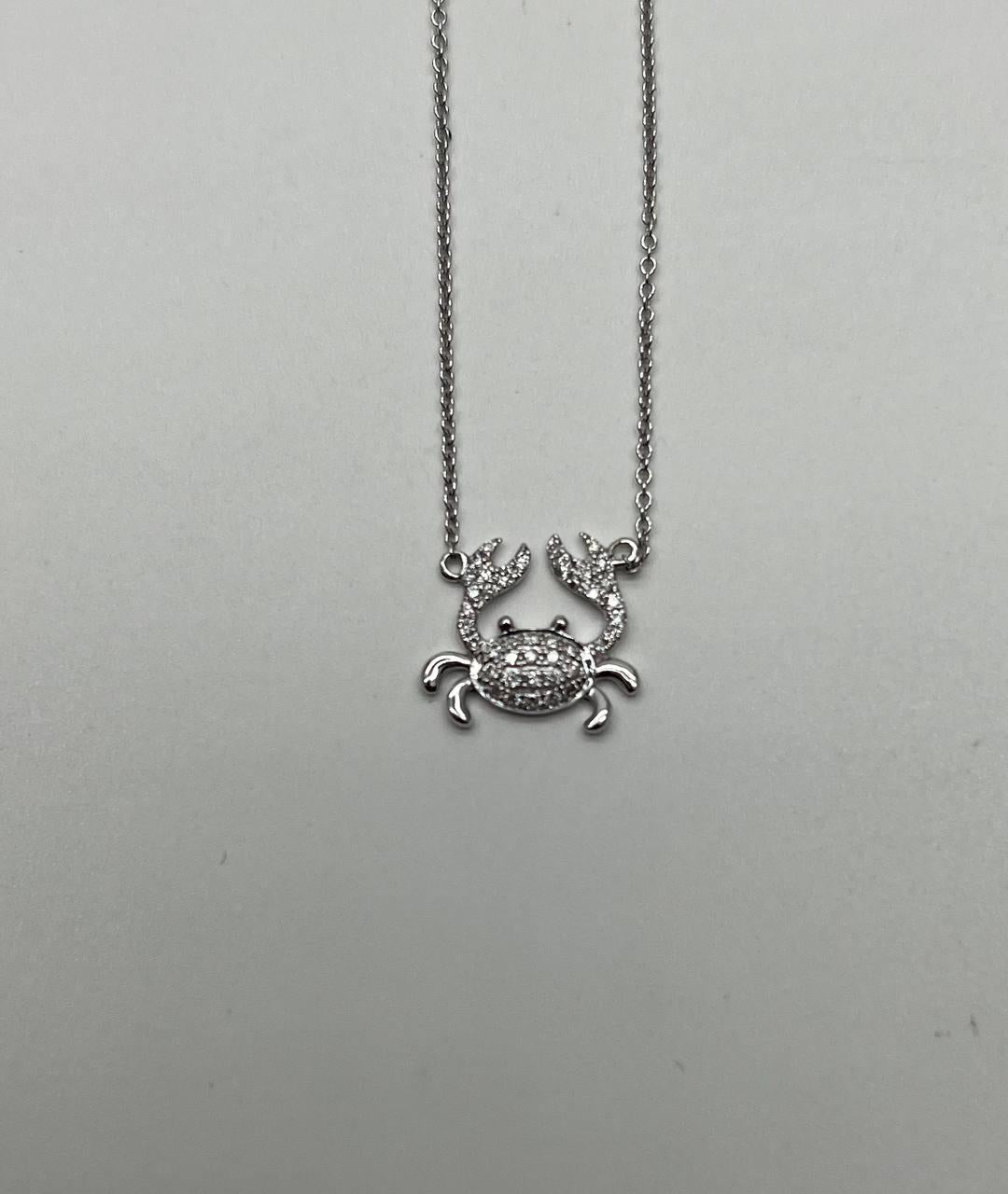 Crab Symbol Motif Diamond Halo Set 18K White Gold Chain Animal Pendant Necklace