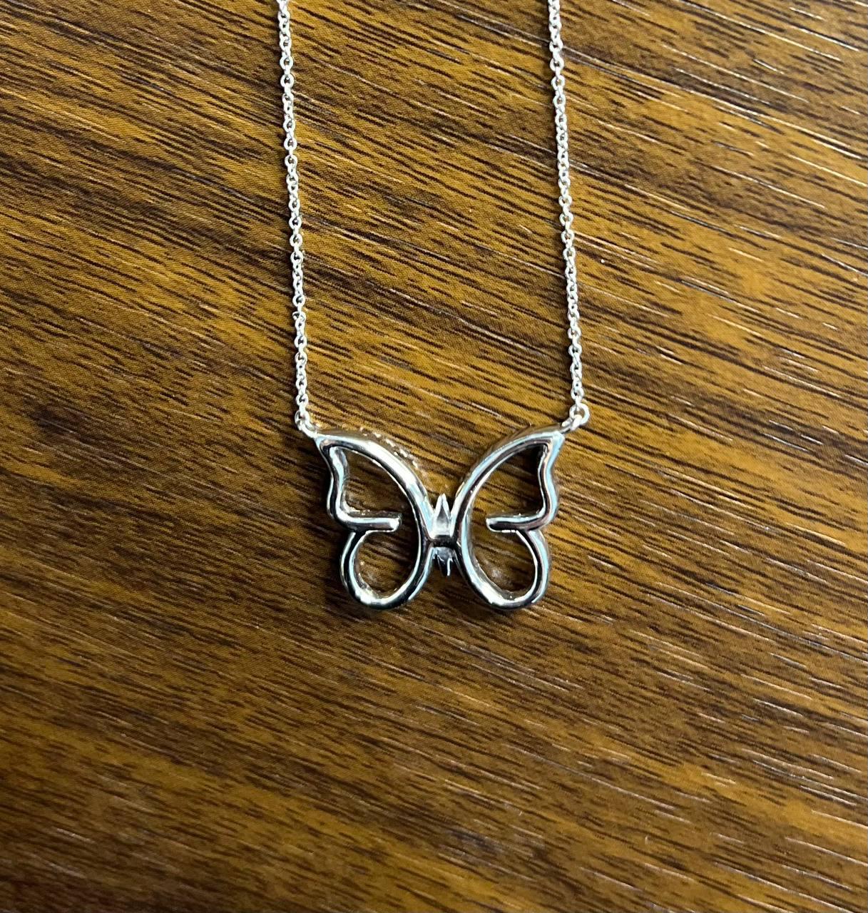 Butterfly Set Diamonds Halo Motif 18K Karat White Gold Pendant Chain Necklace