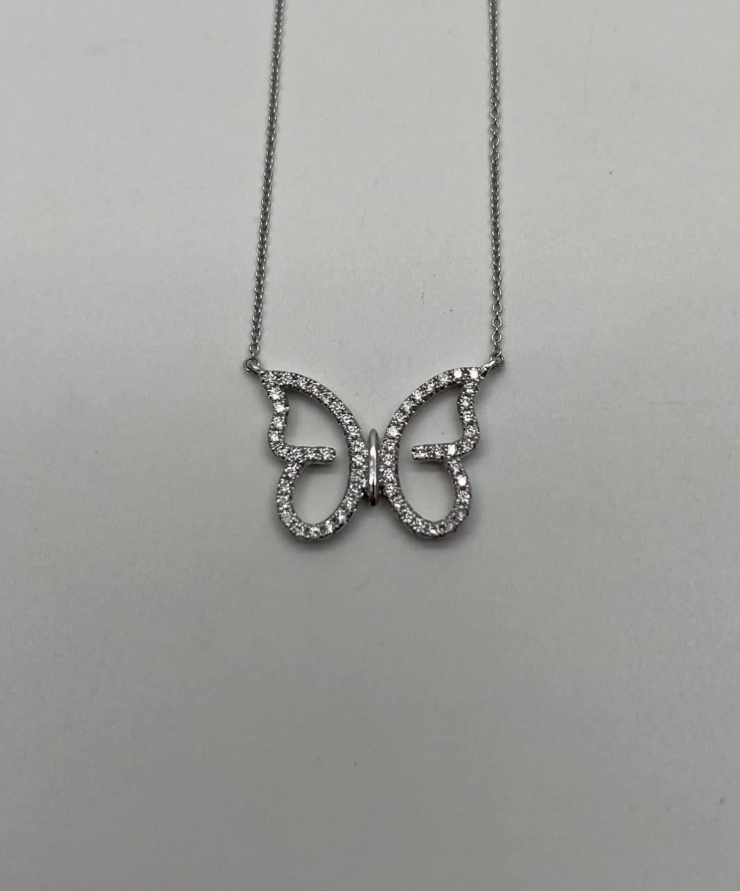 Butterfly Set Diamonds Halo Motif 18K Karat White Gold Pendant Chain Necklace