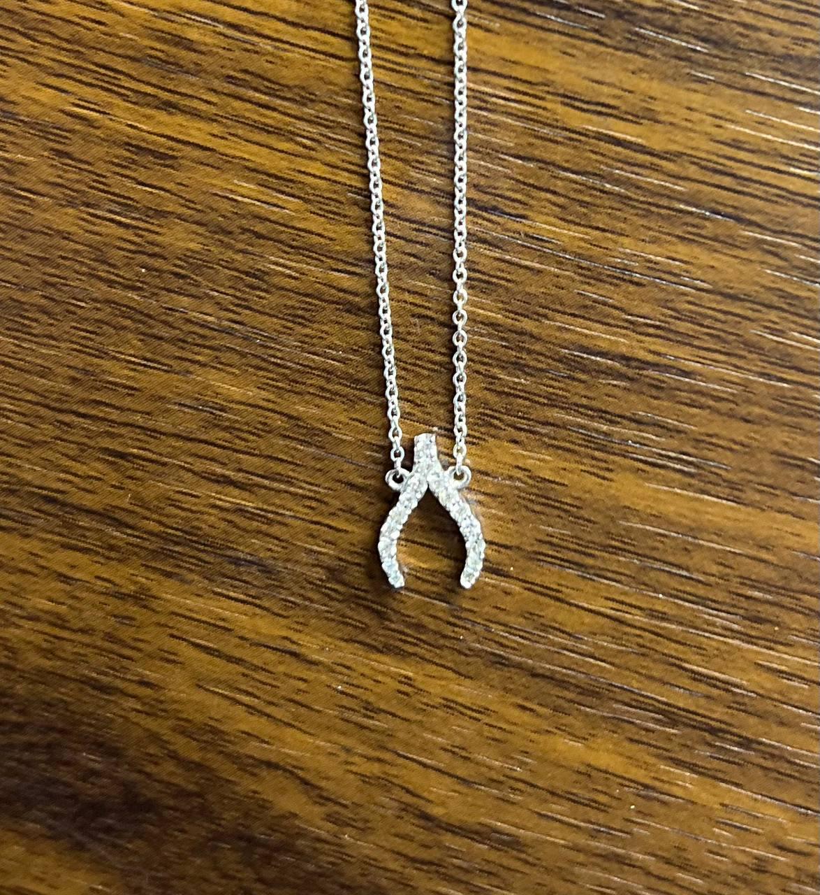 Diamond Wishbone Symbol Motif 18K White Gold Pendant Chain Necklace