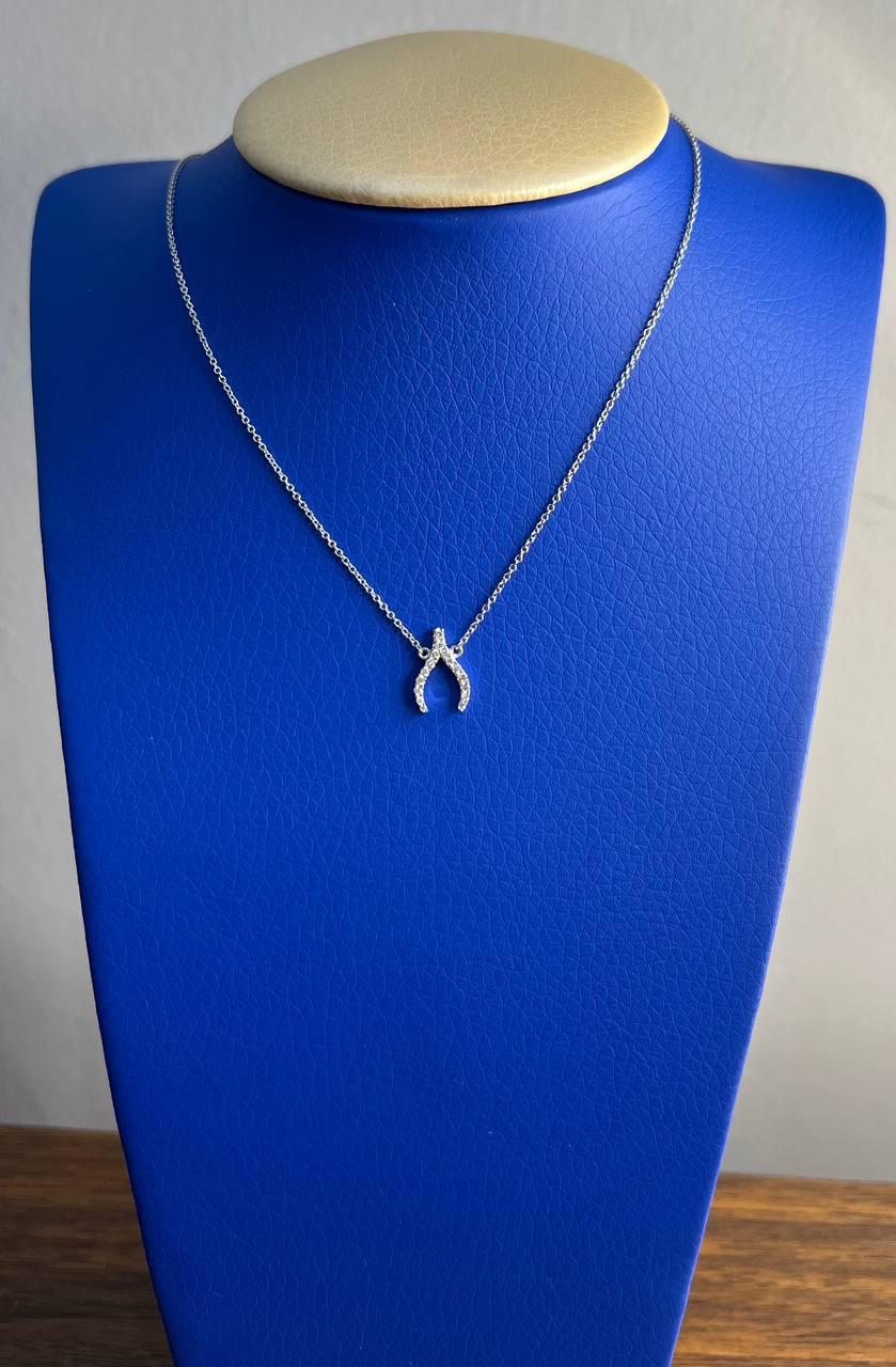Diamond Wishbone Symbol Motif 18K White Gold Pendant Chain Necklace