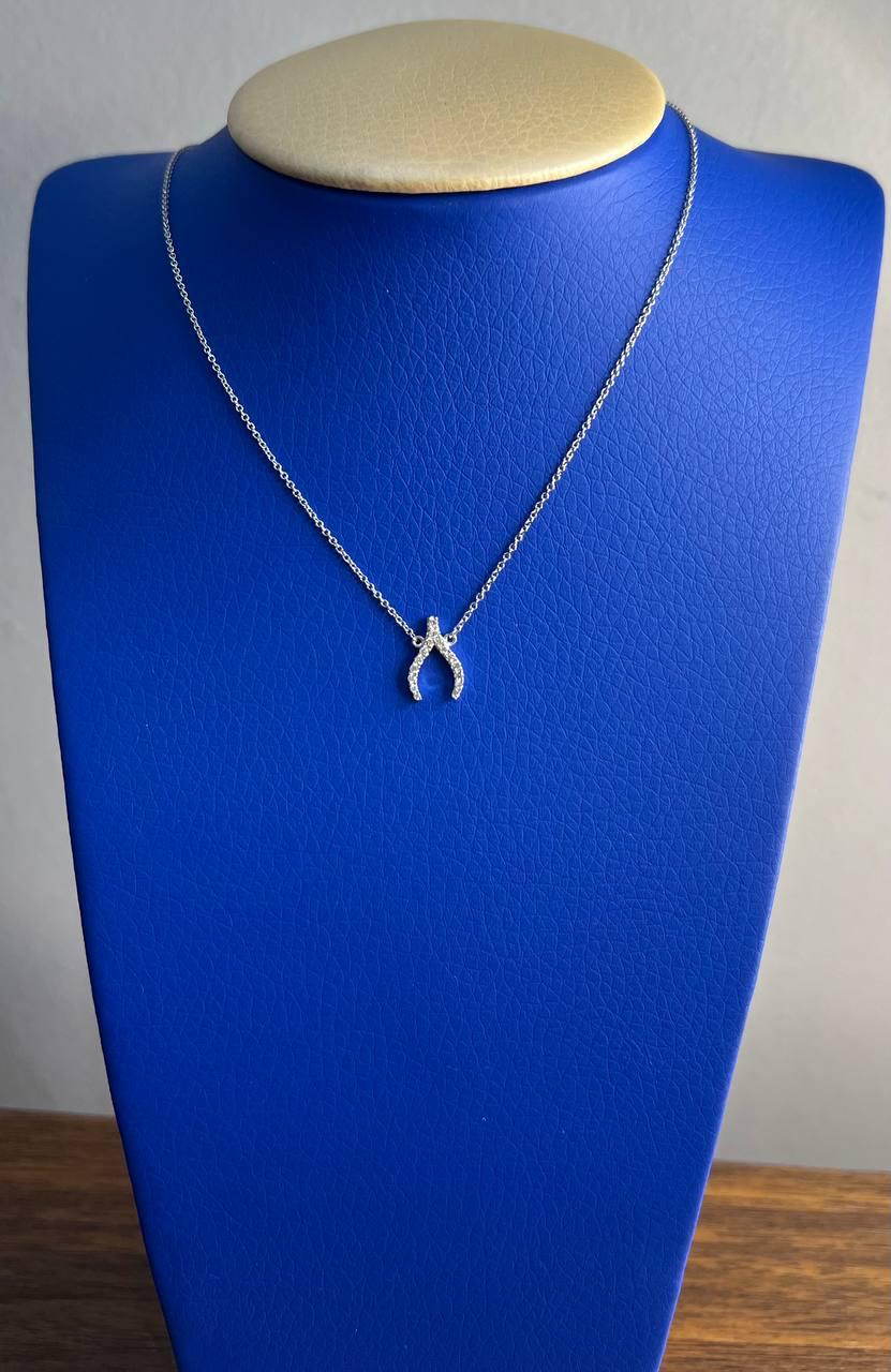 Diamond Wishbone Symbol Motif 18K White Gold Pendant Chain Necklace
