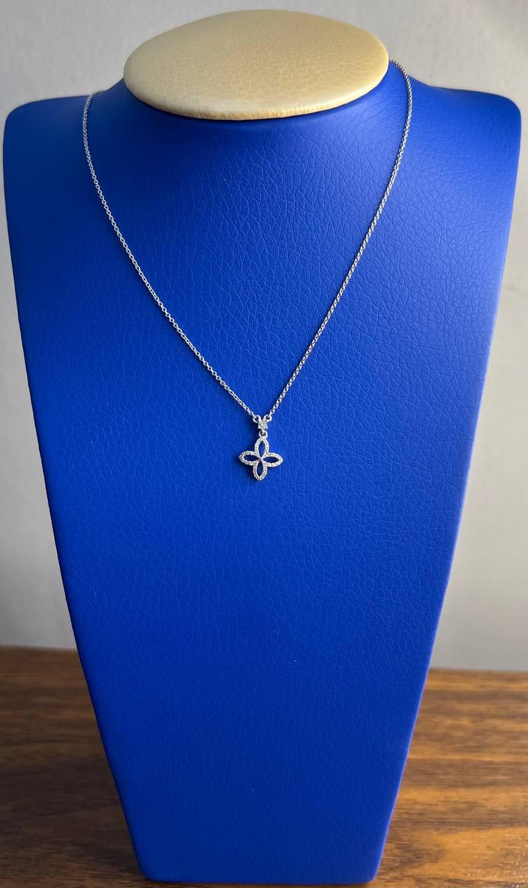 Clover Pave Set Diamonds Halo Motif 14K Karat White Gold Pendant Chain Necklace