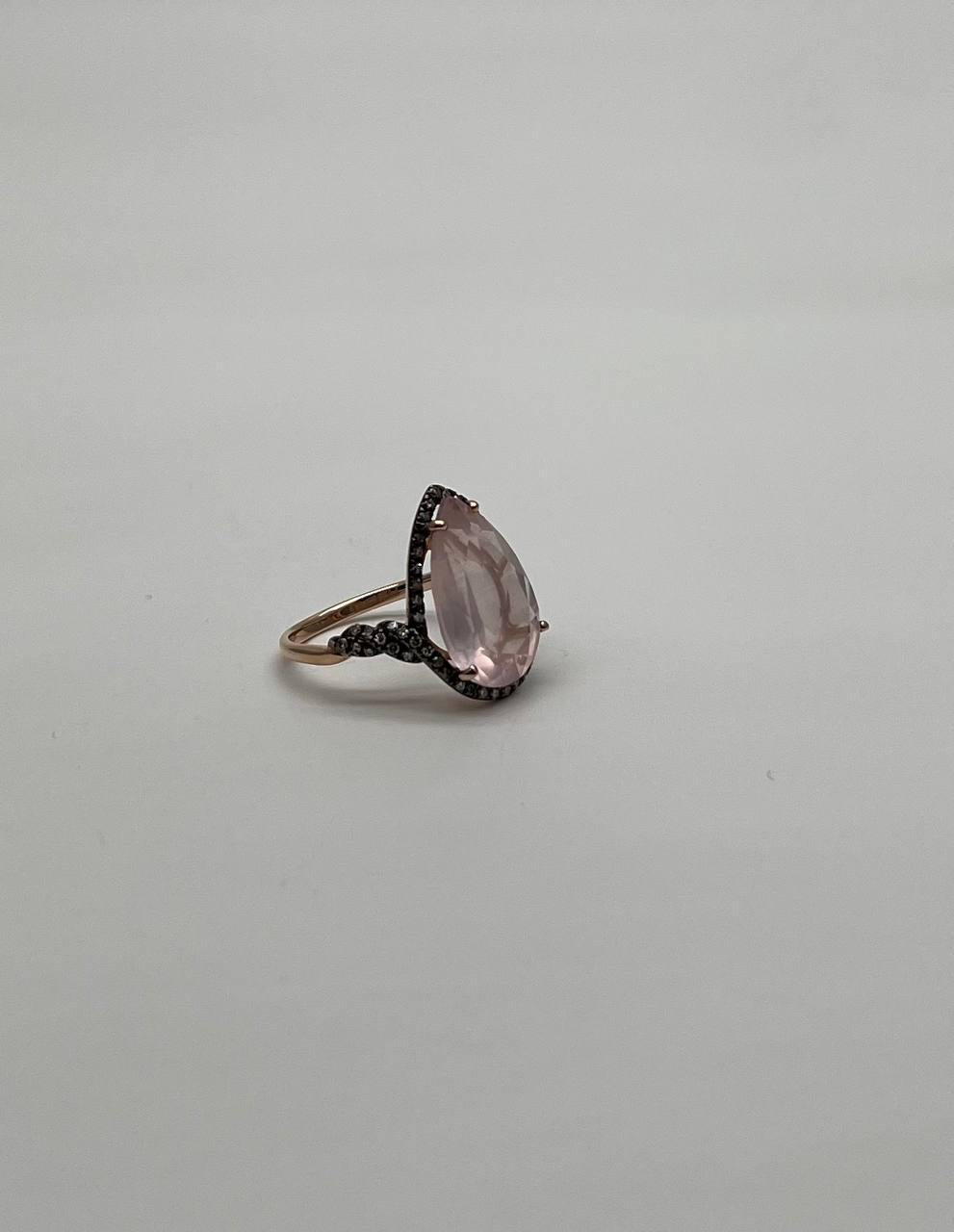 Pear Teardrop Shape Faceted Pink Rose Quartz Diamond Halo 14K Rose Gold Ring