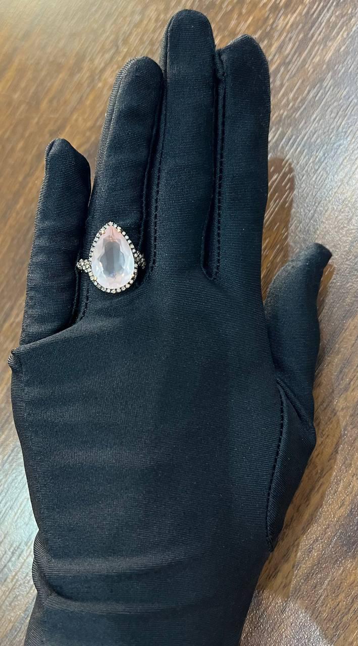 Pear Teardrop Shape Faceted Pink Rose Quartz Diamond Halo 14K Rose Gold Ring