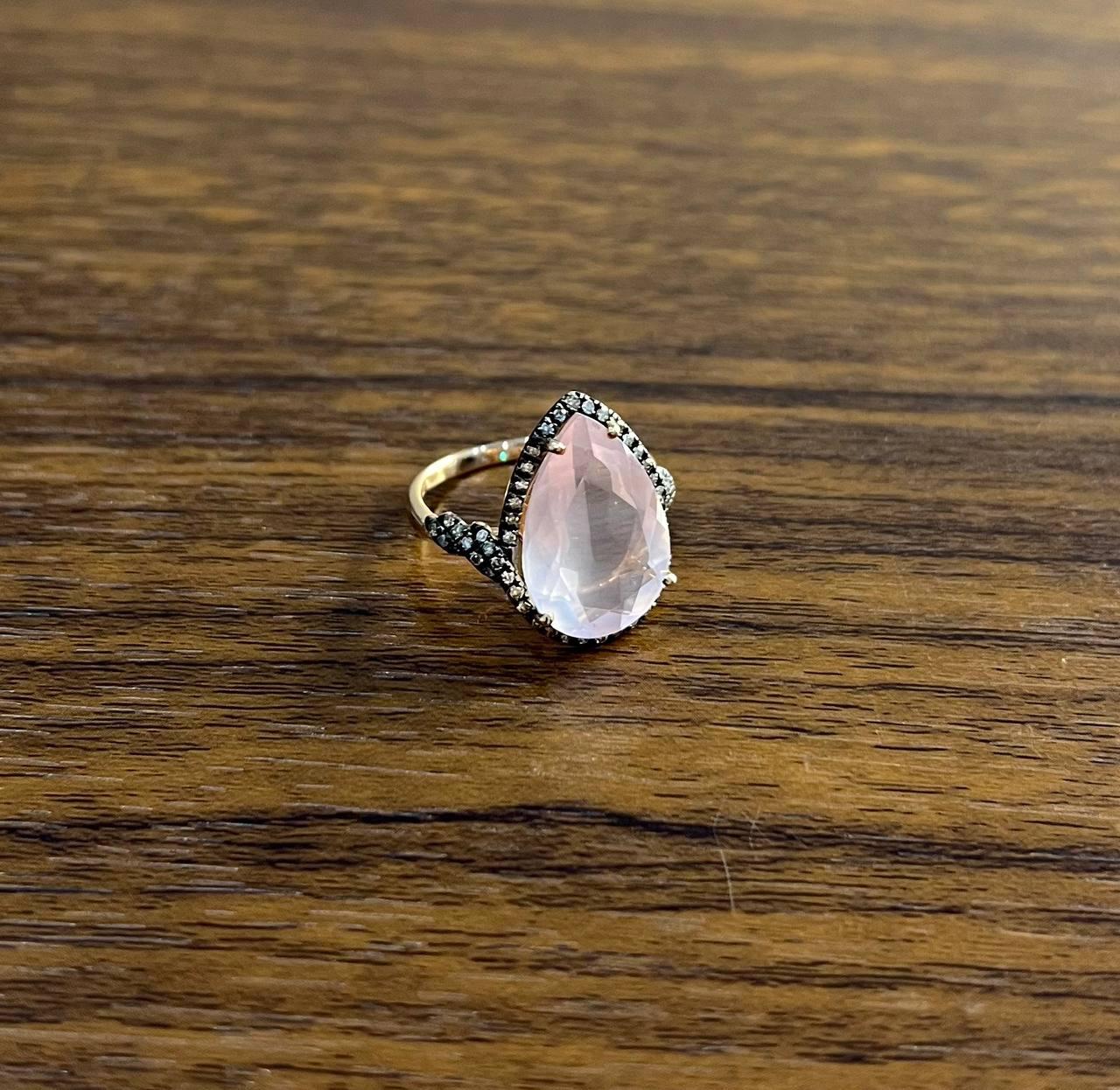 Pear Teardrop Shape Faceted Pink Rose Quartz Diamond Halo 14K Rose Gold Ring