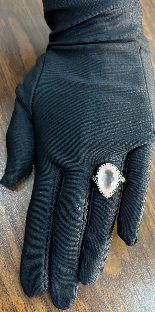 Pear Teardrop Shape Faceted Pink Rose Quartz Diamond Halo 14K Rose Gold Ring