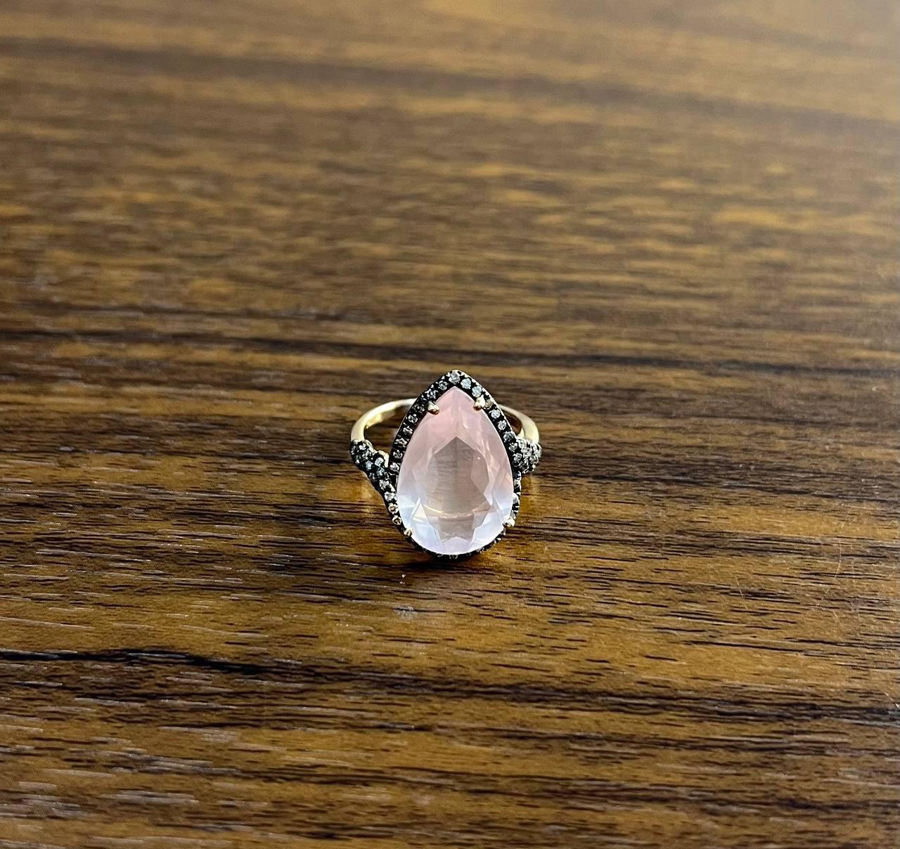 Pear Teardrop Shape Faceted Pink Rose Quartz Diamond Halo 14K Rose Gold Ring