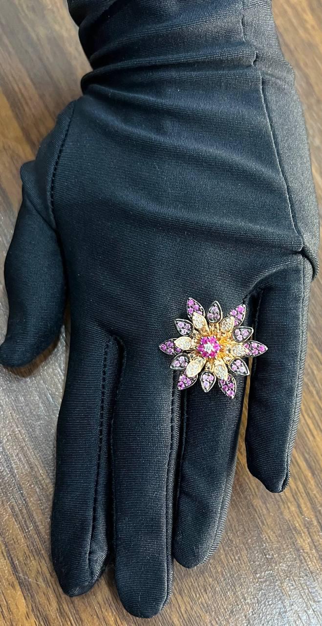 Red Pink Rubies Pave Set Diamonds Rose Gold Floral Flower Lotus Cocktail Ring