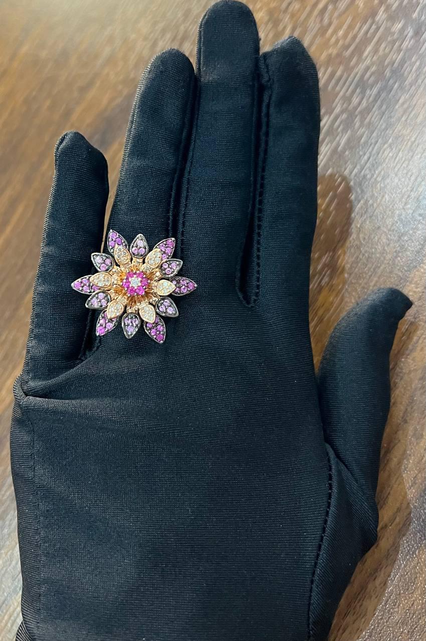 Red Pink Rubies Pave Set Diamonds Rose Gold Floral Flower Lotus Cocktail Ring