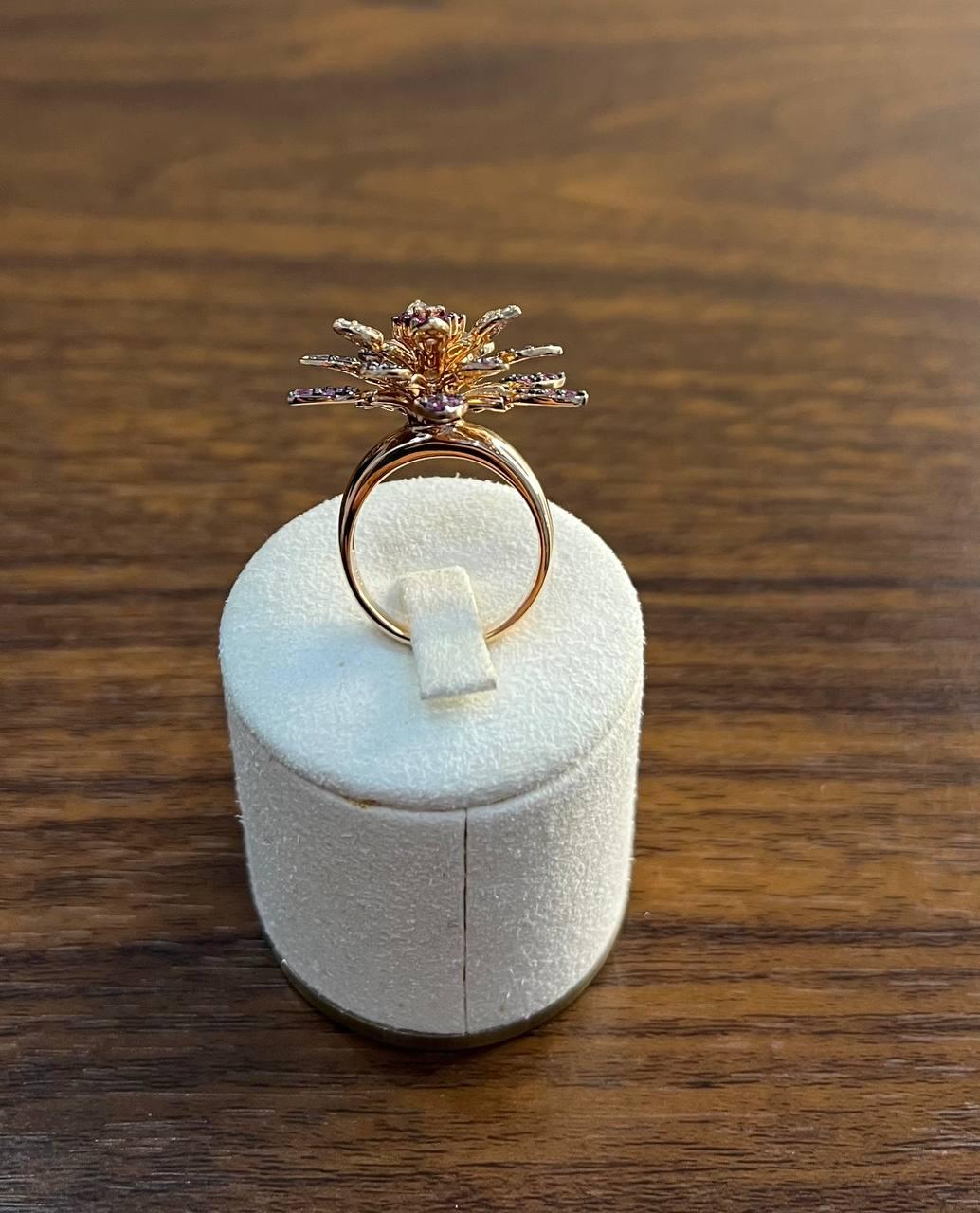 Red Pink Rubies Pave Set Diamonds Rose Gold Floral Flower Lotus Cocktail Ring