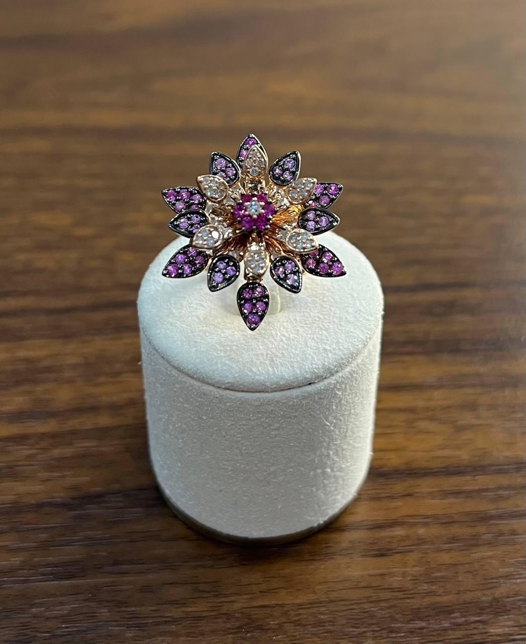 Red Pink Rubies Pave Set Diamonds Rose Gold Floral Flower Lotus Cocktail Ring