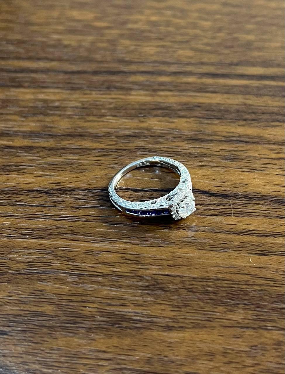 Round Shape Brilliant Cut Diamond Blue Sapphire Channel Set 18K White Gold Ring