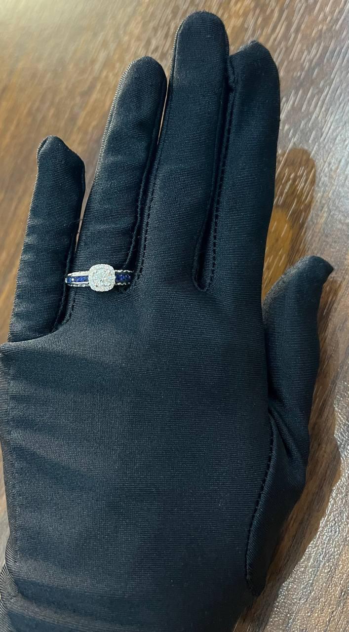 Round Shape Brilliant Cut Diamond Blue Sapphire Channel Set 18K White Gold Ring