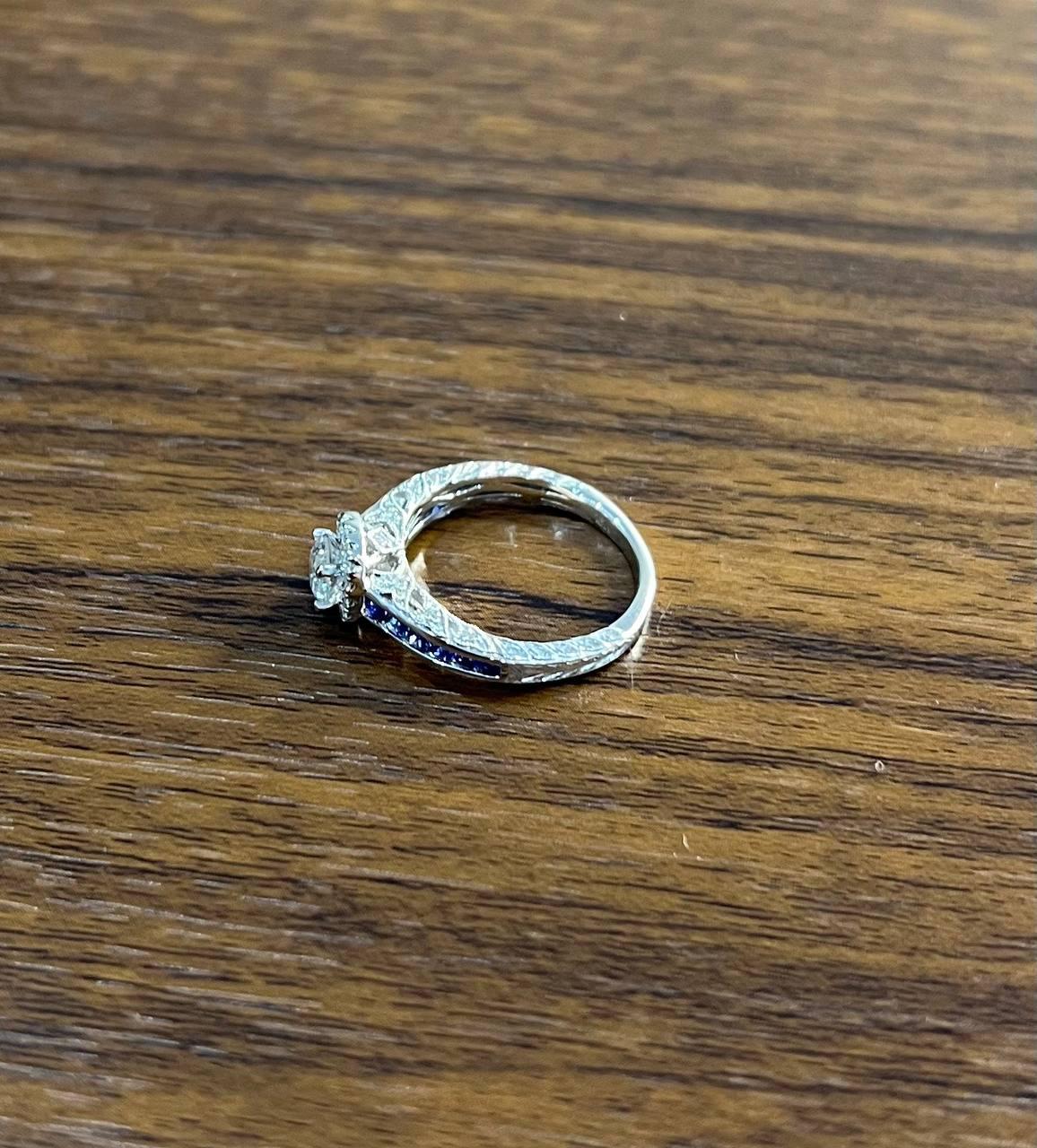 Round Shape Brilliant Cut Diamond Blue Sapphire Channel Set 18K White Gold Ring