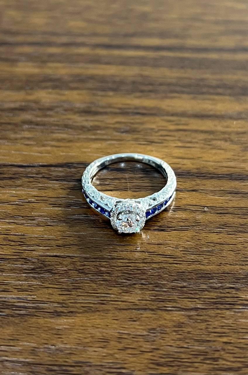 Round Shape Brilliant Cut Diamond Blue Sapphire Channel Set 18K White Gold Ring