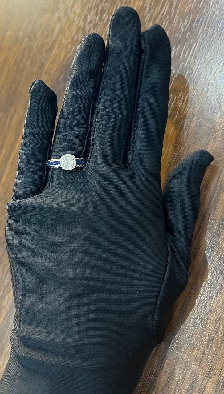 Round Shape Brilliant Cut Diamond Blue Sapphire Channel Set 18K White Gold Ring