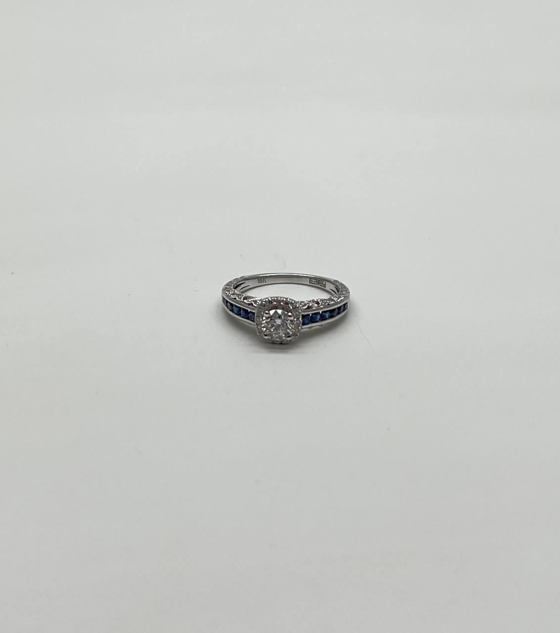 Round Shape Brilliant Cut Diamond Blue Sapphire Channel Set 18K White Gold Ring