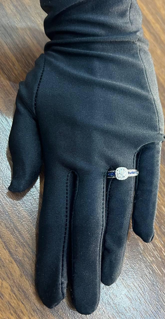 Round Shape Brilliant Cut Diamond Blue Sapphire Channel Set 18K White Gold Ring