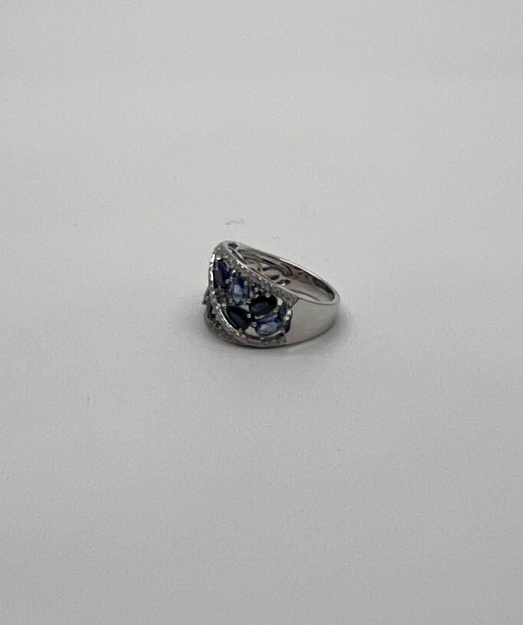 Dark Light Hue Blue Sapphire Cluster Diamond Pave 14K White Gold Band Ring
