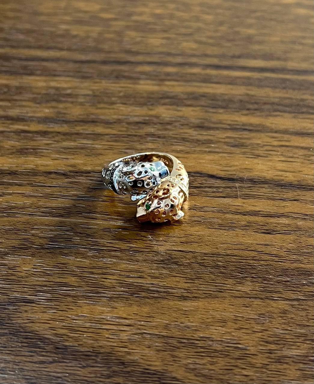 Two Tone Snow Leopard Golden Panther 14K Two Head Rose White Gold Statement Ring