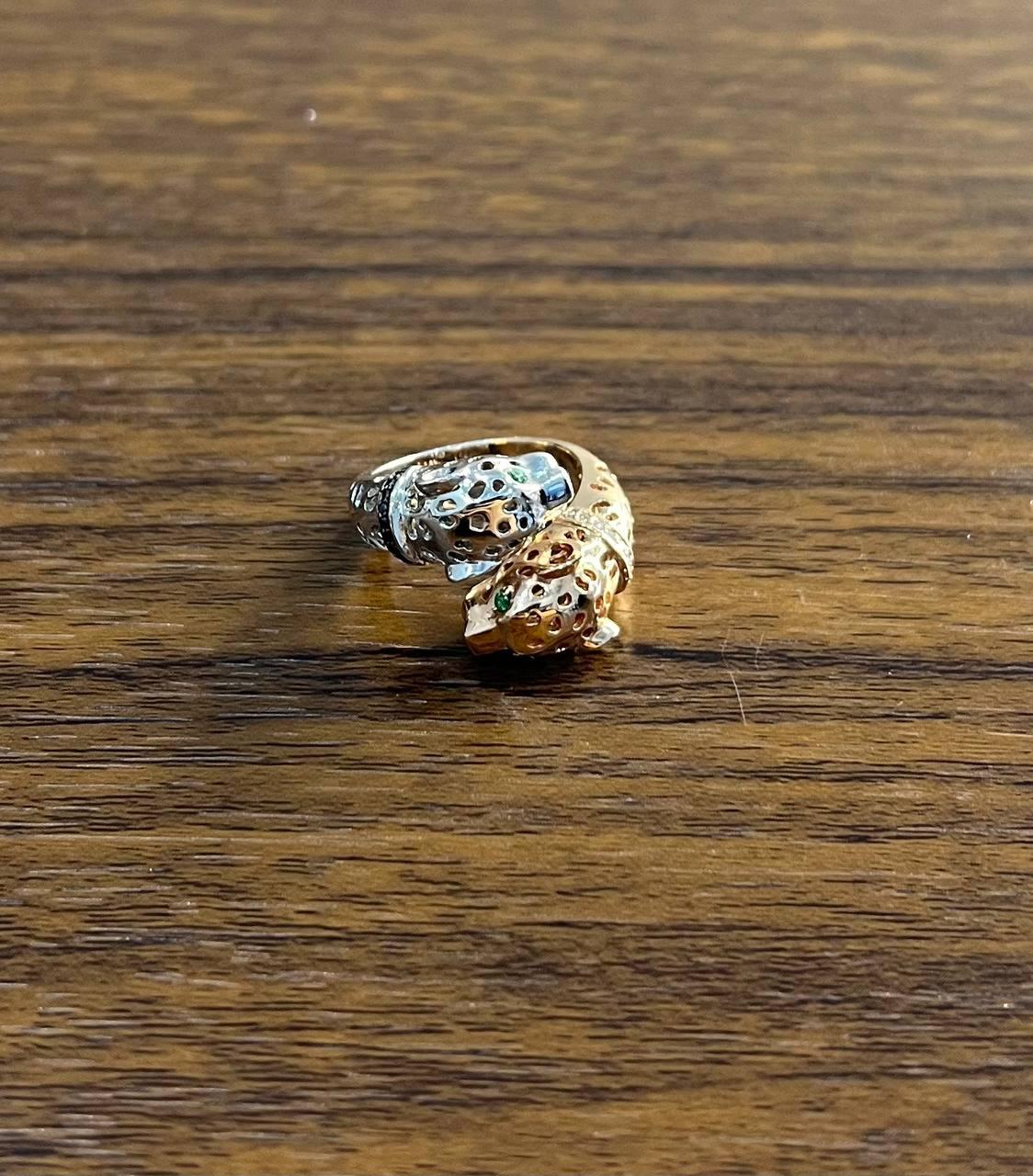 Two Tone Snow Leopard Golden Panther 14K Two Head Rose White Gold Statement Ring