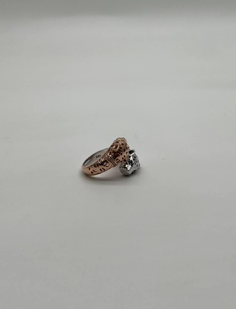 Two Tone Snow Leopard Golden Panther 14K Two Head Rose White Gold Statement Ring