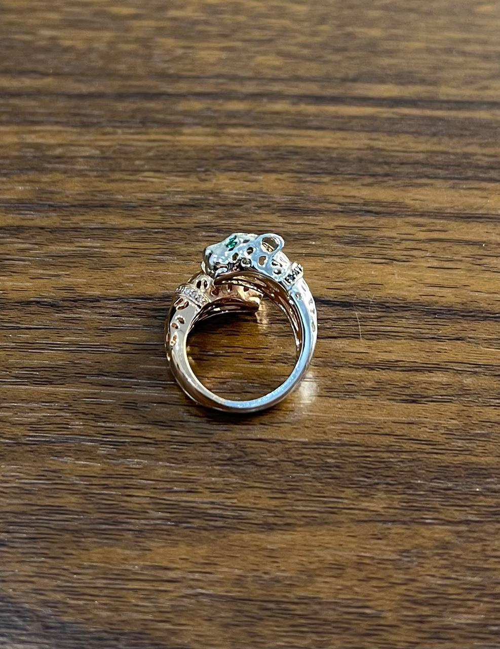 Two Tone Snow Leopard Golden Panther 14K Two Head Rose White Gold Statement Ring