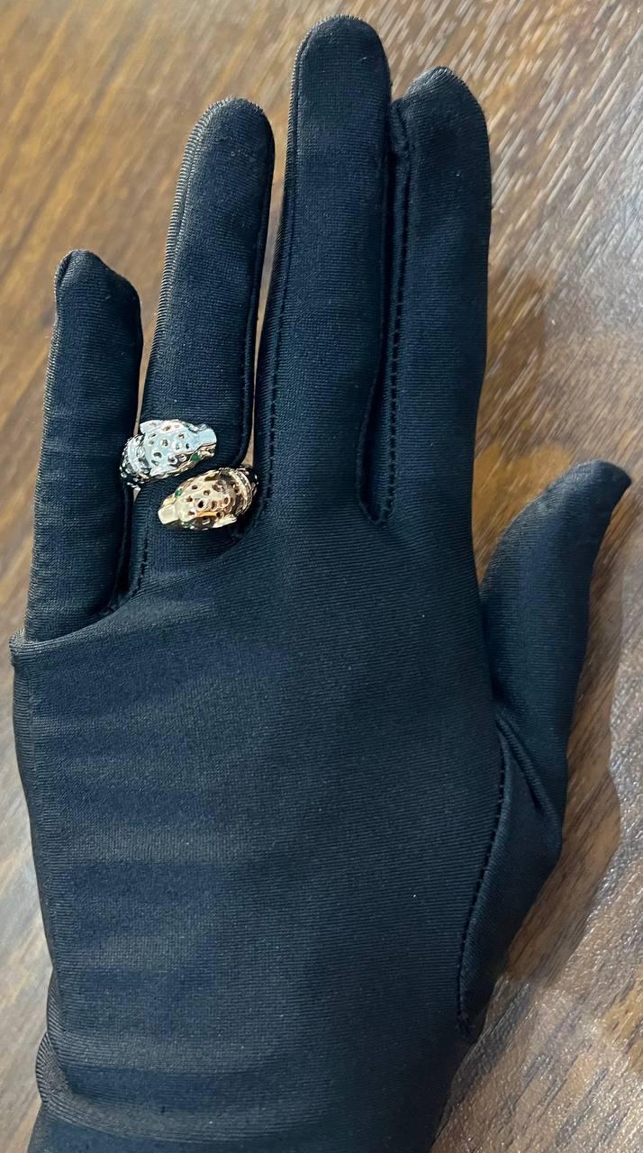 Two Tone Snow Leopard Golden Panther 14K Two Head Rose White Gold Statement Ring