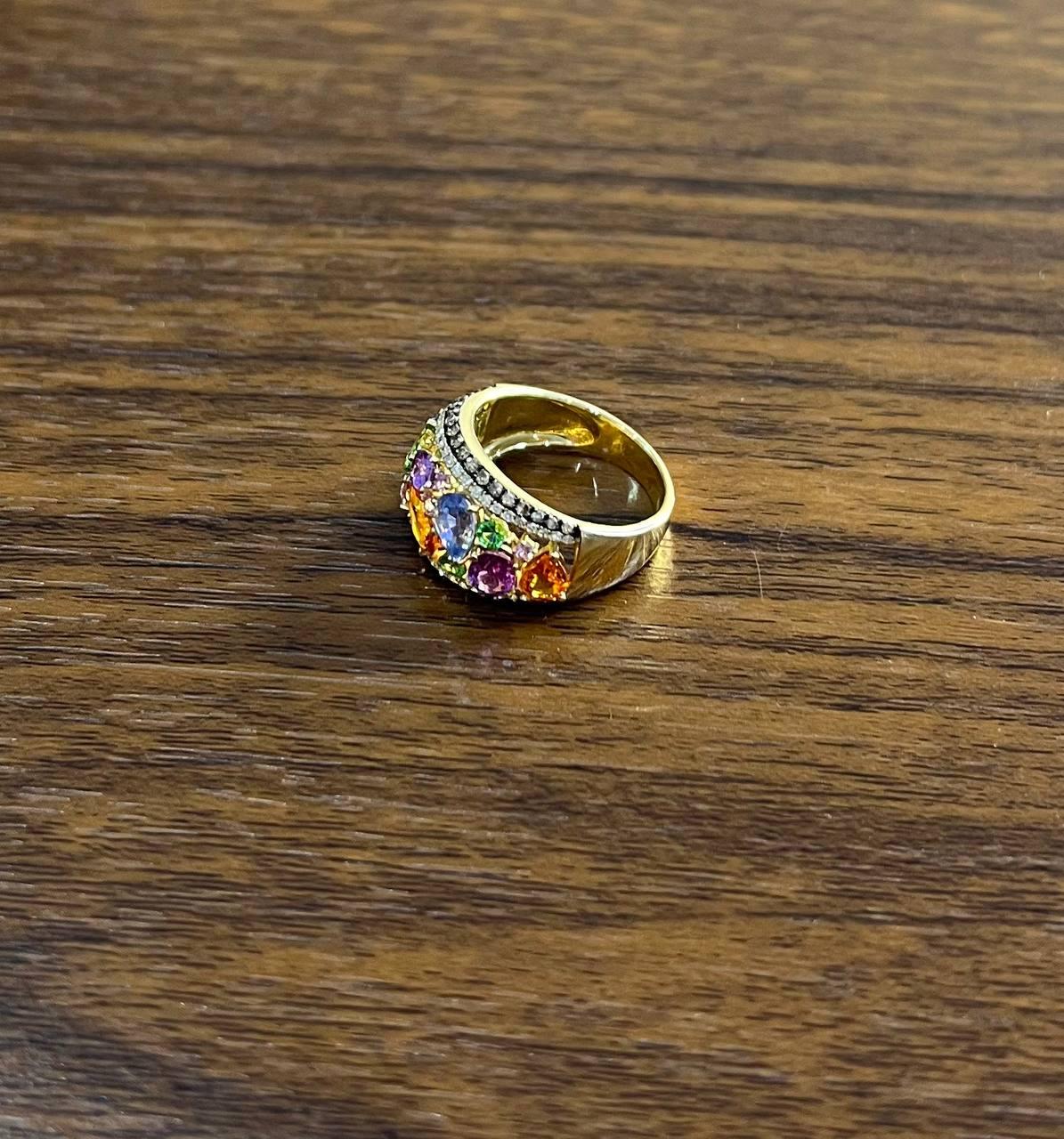 Multicolor Rainbow Sapphires Diamond 14K Yellow Gold Statement Dome Cluster Ring