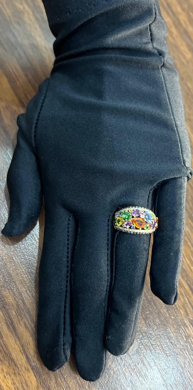 Multicolor Rainbow Sapphires Diamond 14K Yellow Gold Statement Dome Cluster Ring