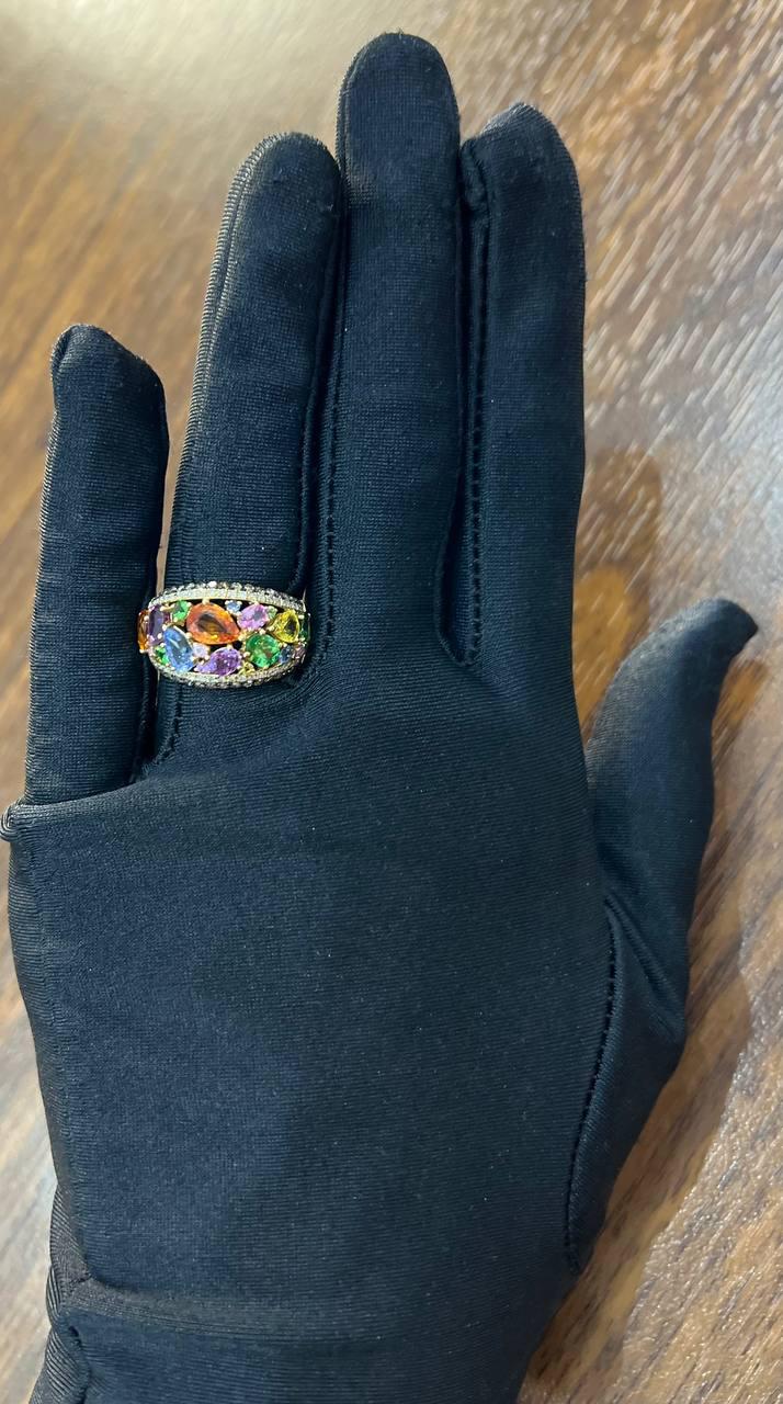 Multicolor Rainbow Sapphires Diamond 14K Yellow Gold Statement Dome Cluster Ring