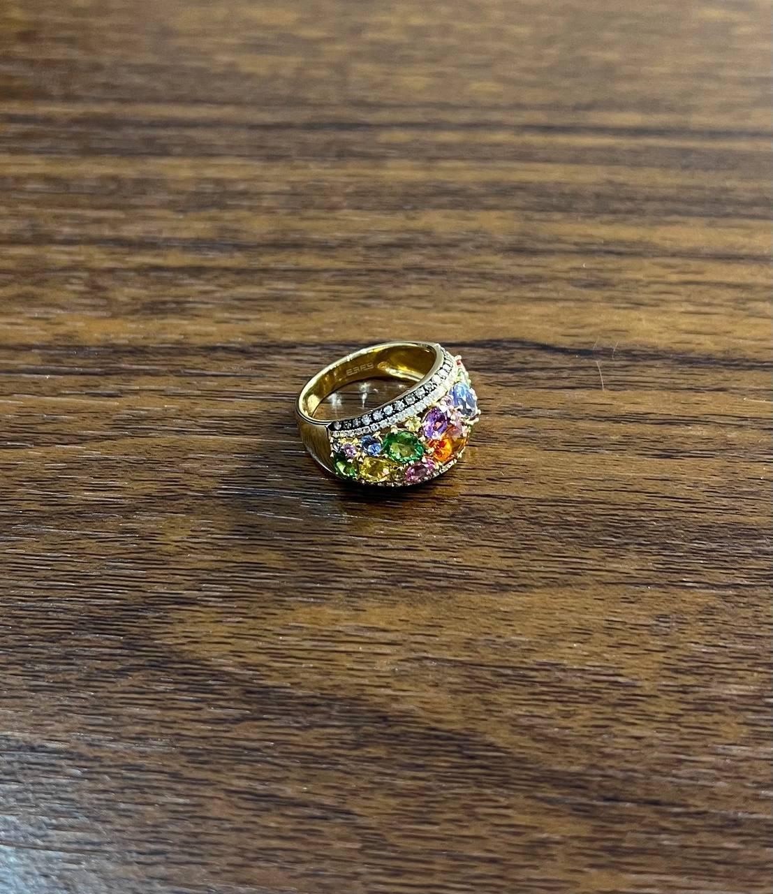 Multicolor Rainbow Sapphires Diamond 14K Yellow Gold Statement Dome Cluster Ring