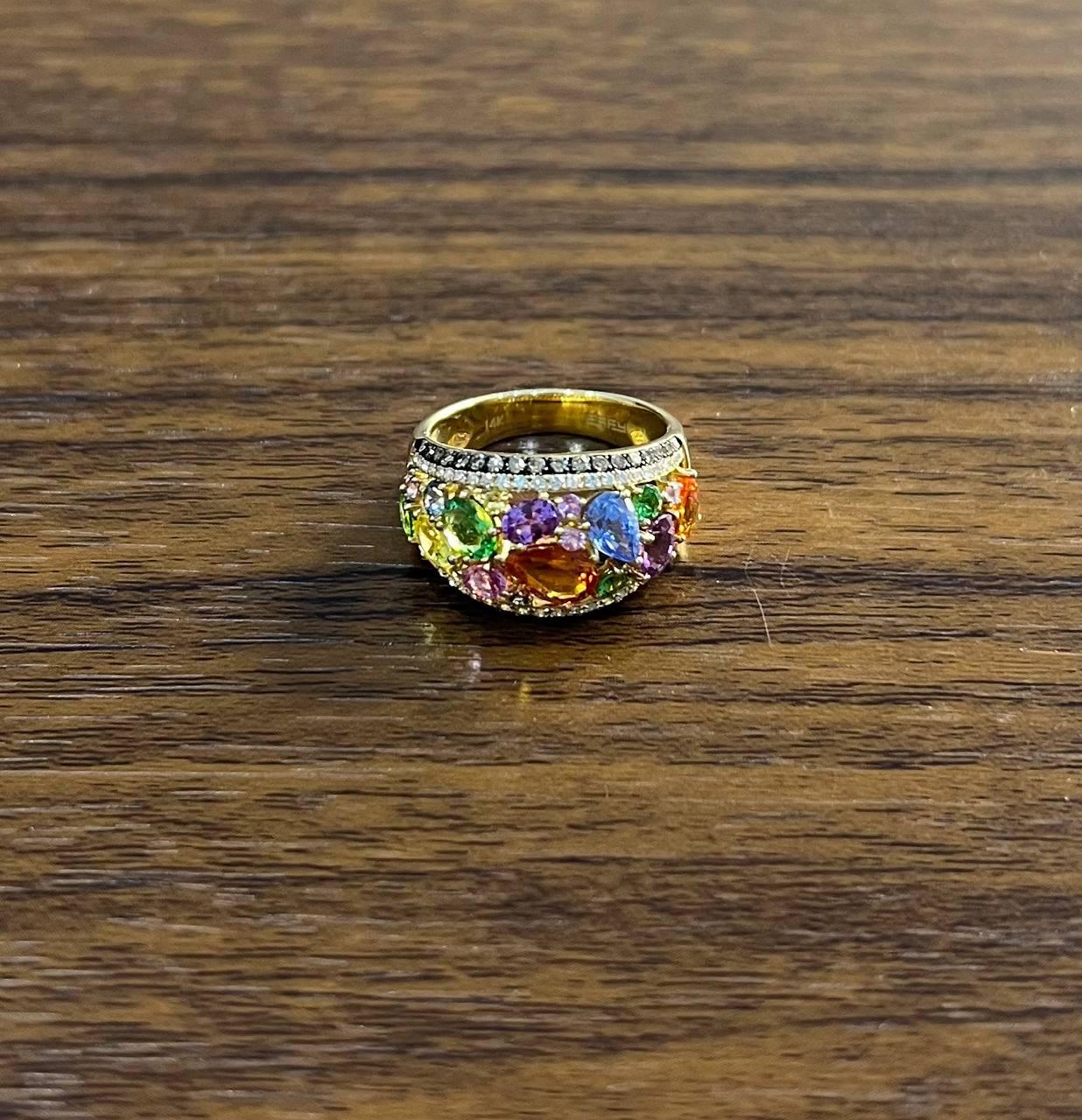 Multicolor Rainbow Sapphires Diamond 14K Yellow Gold Statement Dome Cluster Ring