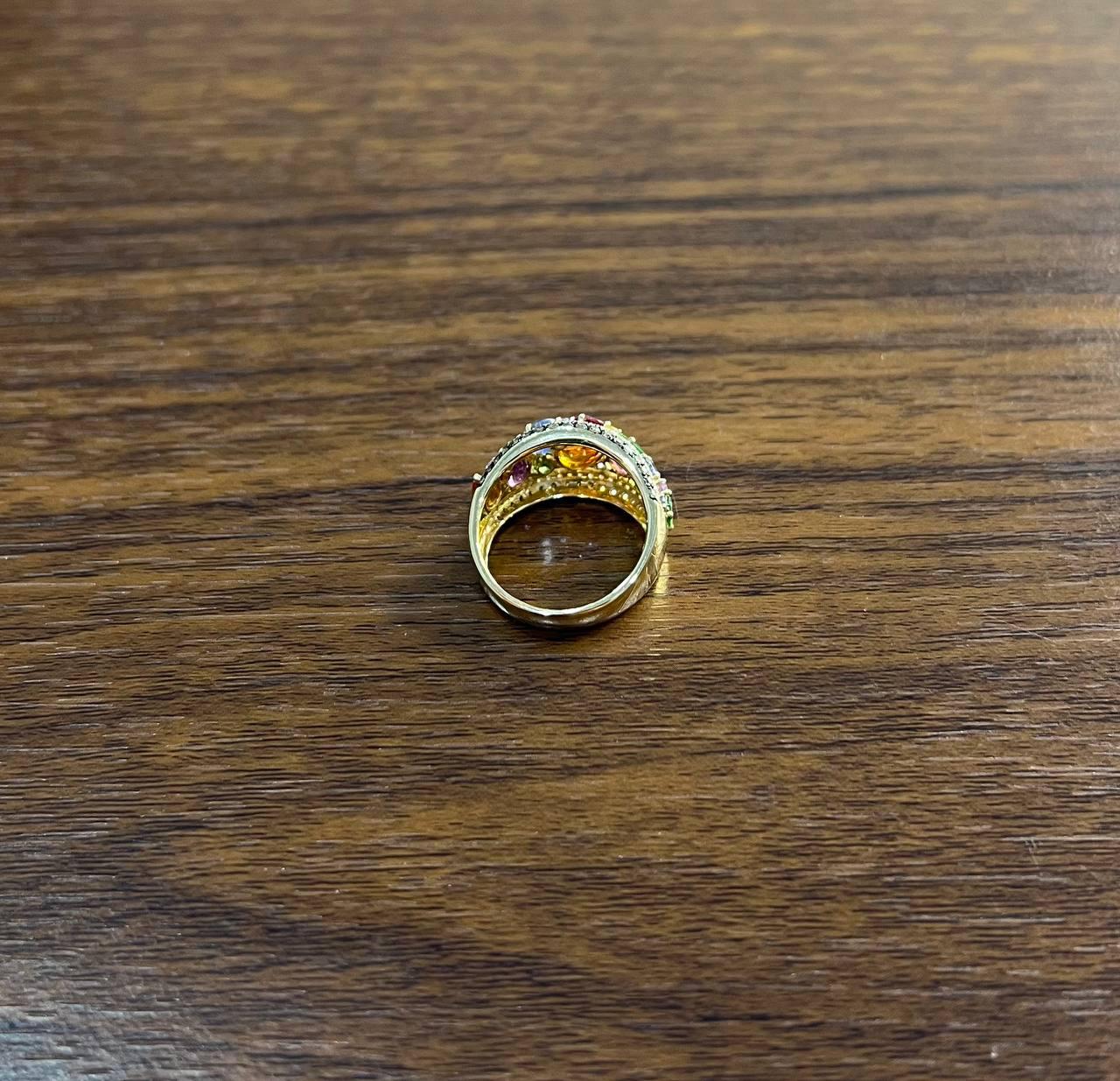 Multicolor Rainbow Sapphires Diamond 14K Yellow Gold Statement Dome Cluster Ring