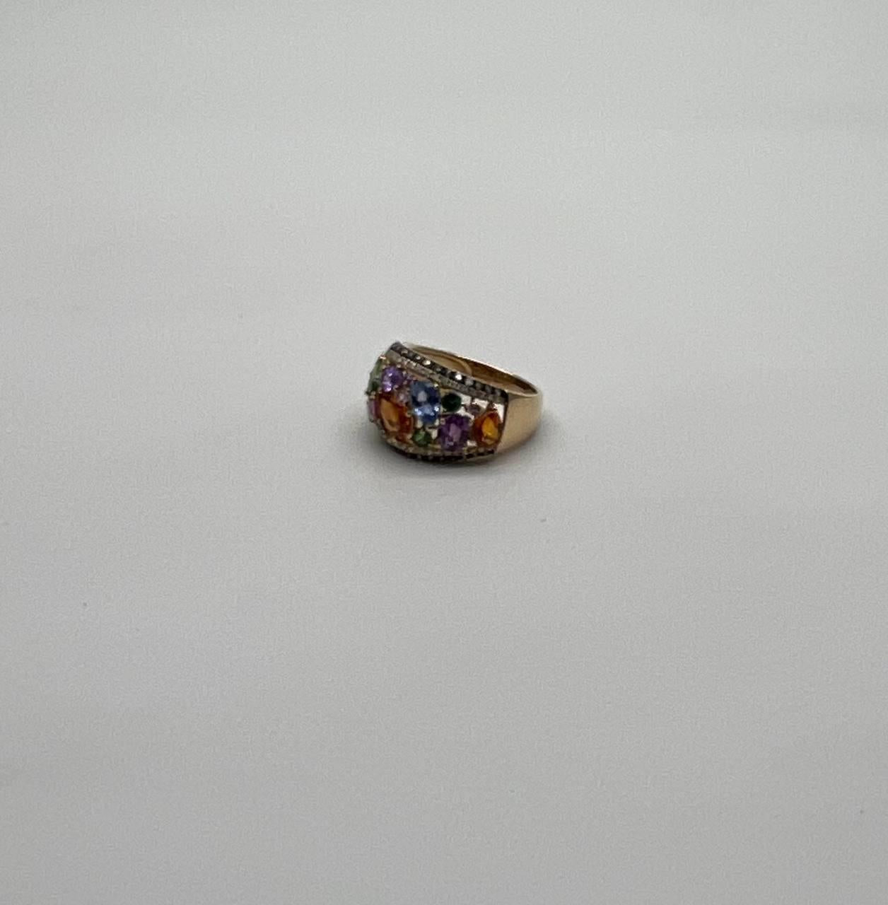 Multicolor Rainbow Sapphires Diamond 14K Yellow Gold Statement Dome Cluster Ring