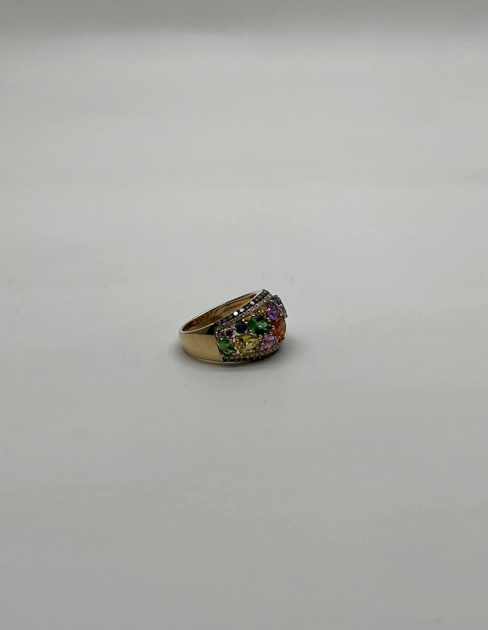 Multicolor Rainbow Sapphires Diamond 14K Yellow Gold Statement Dome Cluster Ring