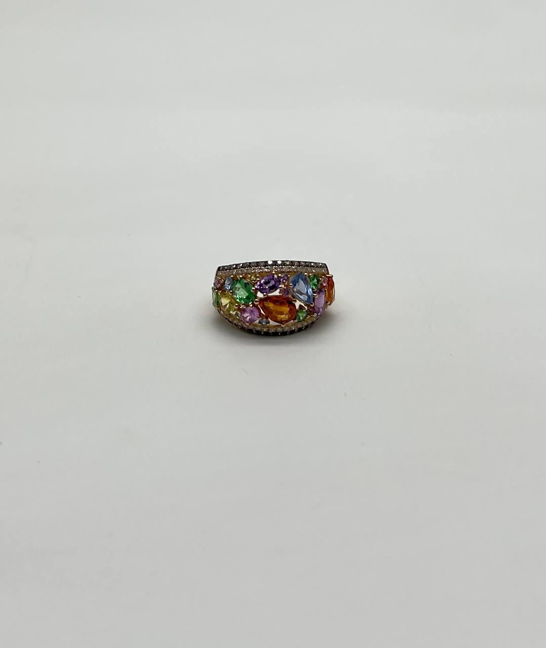 Multicolor Rainbow Sapphires Diamond 14K Yellow Gold Statement Dome Cluster Ring