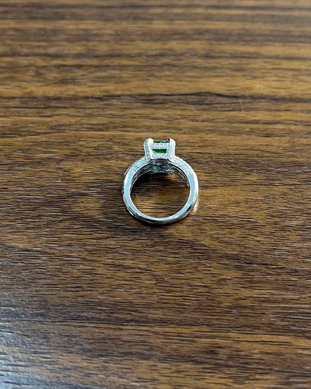 Green Emerald & White Diamonds Pave Set 14K White Gold Statement Unique Ring