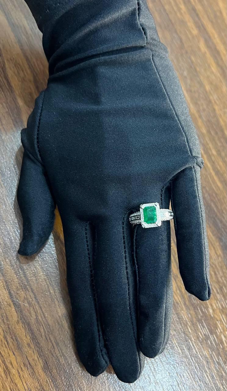 Green Emerald & White Diamonds Pave Set 14K White Gold Statement Unique Ring