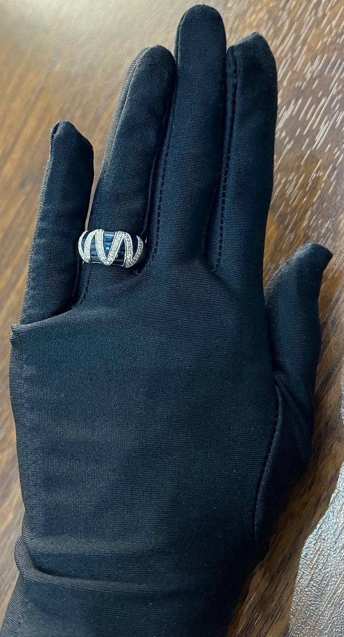 Blue Sapphire Precision Square Cut Diamonds 14K White Gold Statement Band Ring