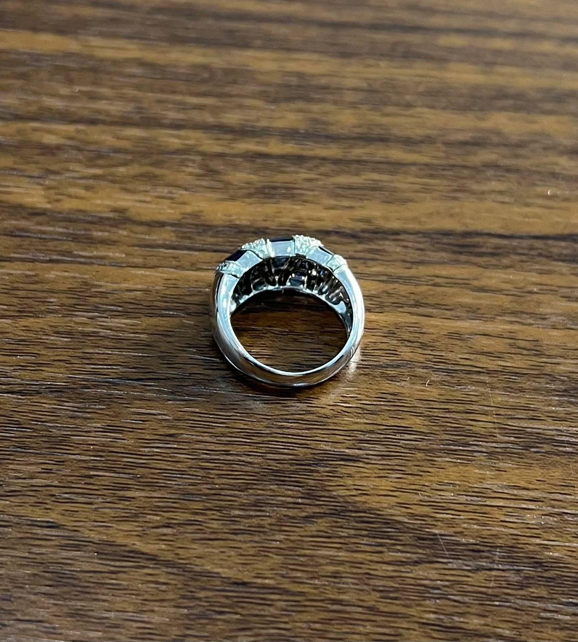 Blue Sapphire Precision Square Cut Diamonds 14K White Gold Statement Band Ring