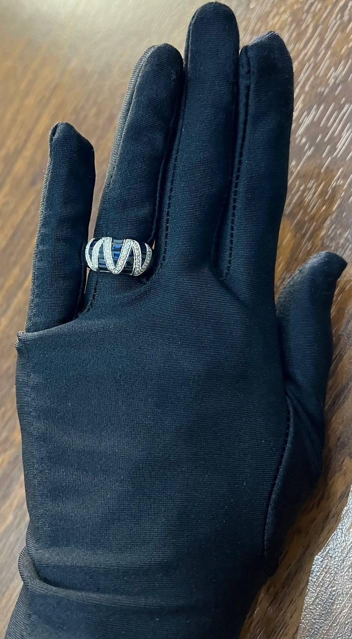 Blue Sapphire Precision Square Cut Diamonds 14K White Gold Statement Band Ring