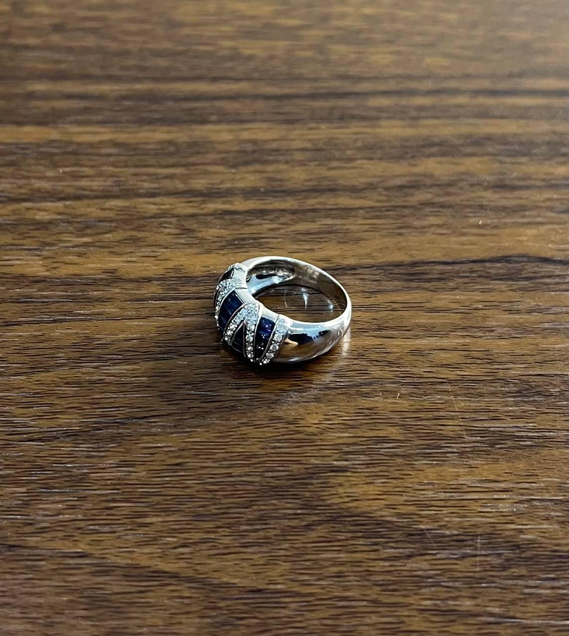 Blue Sapphire Precision Square Cut Diamonds 14K White Gold Statement Band Ring